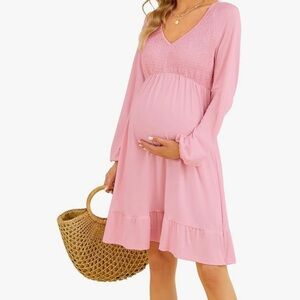 NWT Maternity Long Sleeve Smocked Ruffle Hem Midi Dress